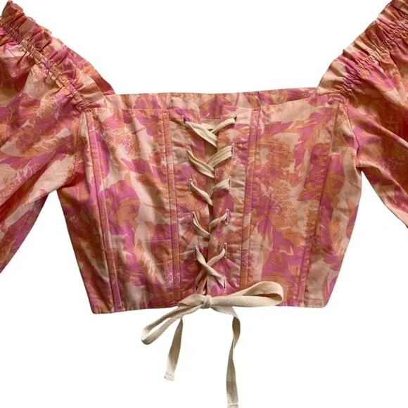 Karlie Floral Poplin Puff Sleeve Tie Back Corset Off Shoulder Crop Top Size L - Picture 11 of 11